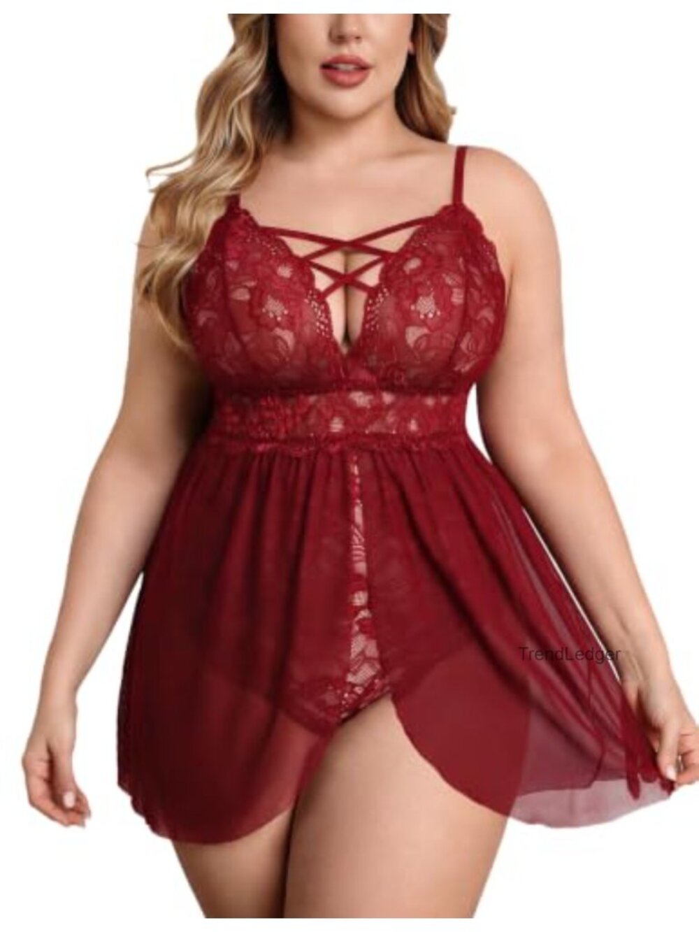 Plus Size Lace Babydoll V Neck Bodysuit Sleepwear Chemise